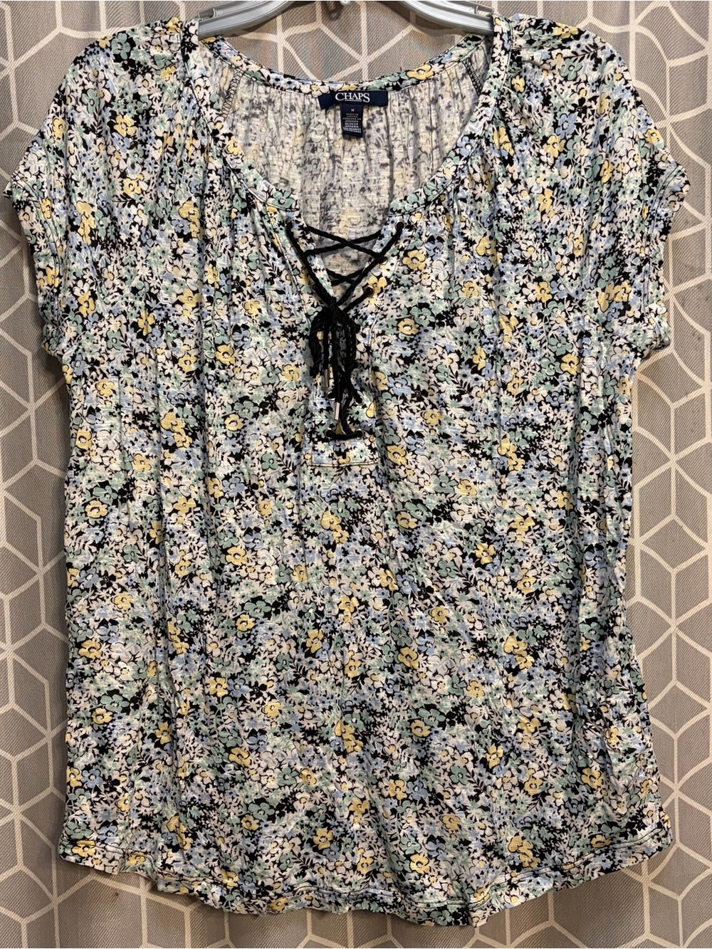 Chaps Lace-Up Short Sleeve Floral Top - Blue, Yellow, Green